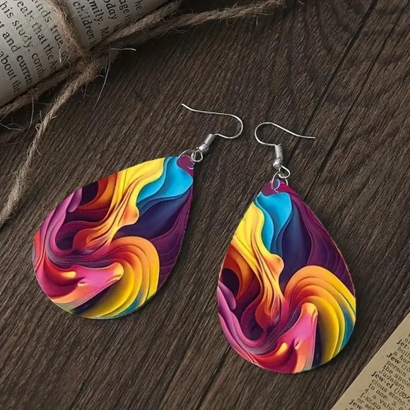 Earrings Rainbow Swirl Tear Drop Dangle Wonderland Trippy Smoke abstract Unique - Picture 2 of 4